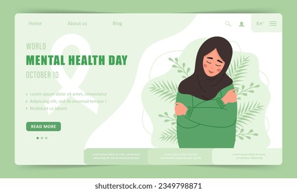 World mental health day. Landing page template. Happy arabian woman hugging herself. Annual international health campaign. Vector illustration in flat cartoon style.