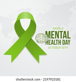 World Mental Health Day October 10th with a green ribbon and maps illustration on isolated background design