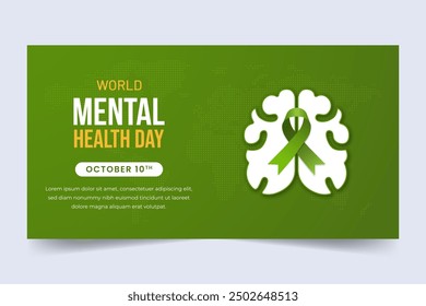 World Mental Health Day October 10th horizontal banner with brain and ribbon illustration
