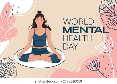 World Mental Health Day October 10th. Mentally healthy girl vector poster, banner, flyer