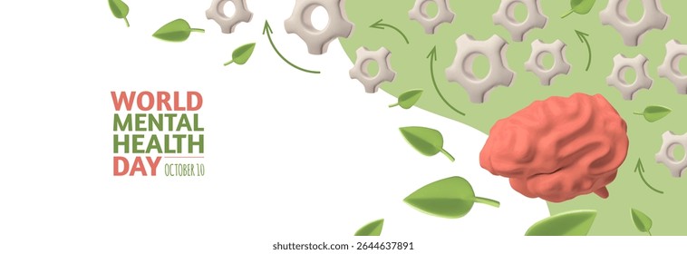 World mental health day, October 10. Psychology care therapy. Brain with leaves and cogwheel, gear tools. Abstract wellbeing 3D cartoon plastic style vector banner design