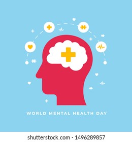 World mental health day poster background design. Human head with brain and psychology medical symbol vector illustration.