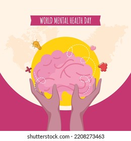 World Mental Health Day Poster Design With Human Hand Holding Brain On Pink And Beige Background.