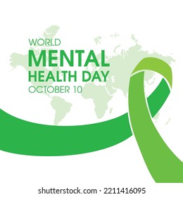 Afiche del Día Mundial de la Salud Mental con ilustración vectorial de cinta verde. Vector de icono de la cinta de reconocimiento verde aislado en un fondo blanco. 10 de octubre. Día importante