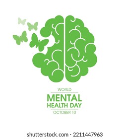 World Mental Health Day poster with human brain vector illustration. Abstract green human brain with butterflies icon vector isolated on a white background. October 10. Important day