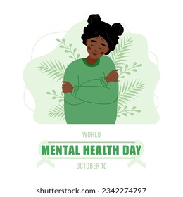 Afiche del Día Mundial de la Salud Mental. Feliz mujer africana abrazándose. Campaña anual internacional de salud. Ilustración vectorial al estilo de las caricaturas planas.