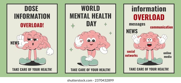 World Mental Health Day.set posters in a trendy cartoon style about the problem of information overload in the modern world,the brain can not cope with information.Vector illustration in retro style