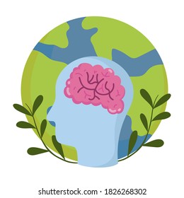 world mental health day, profile head brain planet emblem vector illustration