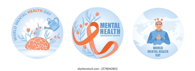 World Mental Health Day. Promote awareness, mental health and wellbeing. Mental Health concept. Set flat vector illustration.