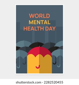 World Mental Health Day. Red umbrella among the crowd of dark umbrellas. The concept of Positive thinking, working with a Psychologist. Postcard for the holiday. Vector illustration