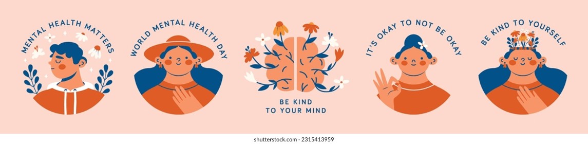 World Mental Health Day. Round clip arts, stickers, logo templates. Brain with flowers. Portraits of young women and man. Cartoon, contemporary style. Cute funny characters for banner, card, poster.