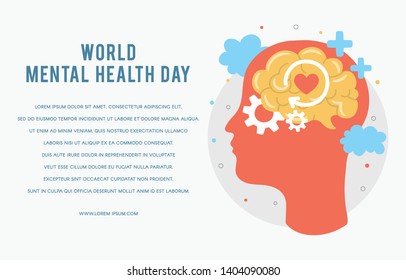 World Mental Health Day. Silhouette of a man's head with brain, gear, love 