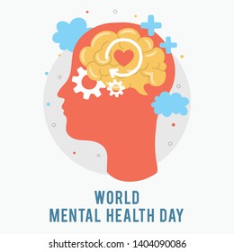 World Mental Health Day. Silhouette of a man's head with brain, gear, love 