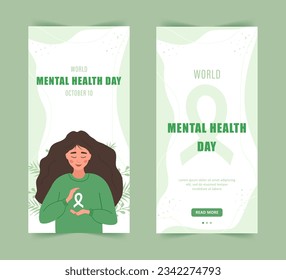 Plantilla de historias del día mundial de la salud mental. Mujer feliz con cinta. Campaña anual internacional de salud. Antecedentes en medios sociales. Ilustración vectorial al estilo de las caricaturas planas.