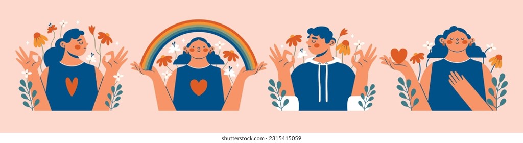 World Mental Health Day. Mental health support concept. Set of cute clip arts with women, man, okay gesture, rainbow, text, flowers, heart.  pesons, who holding rainbow and show okay gest. Flat style.