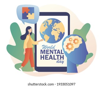 World mental health day - text on smartphone screen. Psychologist online. Psychology without borders.Psychotherapy practice, psychological help, psychologist service. Modern flat cartoon style. Vector