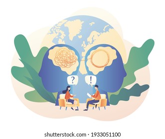 World mental health day. Tiny psychologist and patient. Psychology without borders. Psychotherapy practice, psychological help, psychologist service. Modern flat cartoon style. Vector illustration
