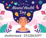 World Mental Health Day Vector Illustration on October 10 featuring Mental Health Awareness a Symbol with the Brain and Flowers in a Flat Background