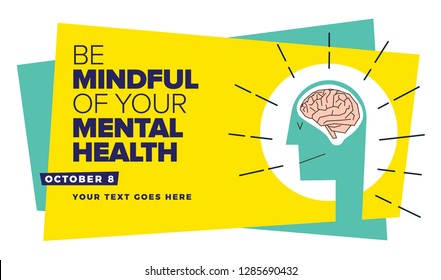 World Mental Health Day. Vector illustration of man with mindful brain. Meditation and Mindfulness Concept.