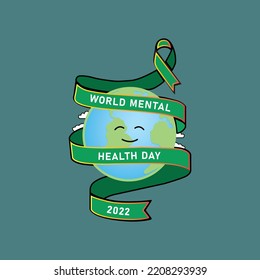 World Mental Health Day Vector Logo. 10 October Mental Heath Day with Earth Vector and Green Ribbon. Green Ribbon Vector. Smiling Earth Vector Poster, Banner, Card, Flyer, Brochure.