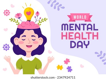 World Mental Health Day Vector Illustration on October 10 with Healthy Problem and Heart in Brain in Flat Cartoon Hand Drawn Background Templates