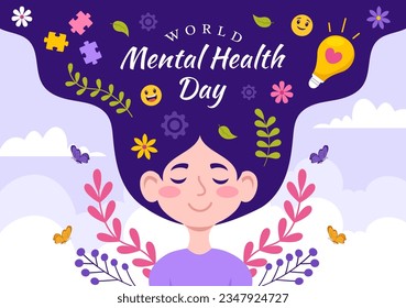 World Mental Health Day Vector Illustration on October 10 with Healthy Problem and Heart in Brain in Flat Cartoon Hand Drawn Background Templates