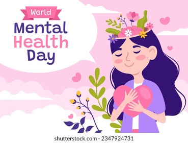 World Mental Health Day Vector Illustration on October 10 with Healthy Problem and Heart in Brain in Flat Cartoon Hand Drawn Background Templates