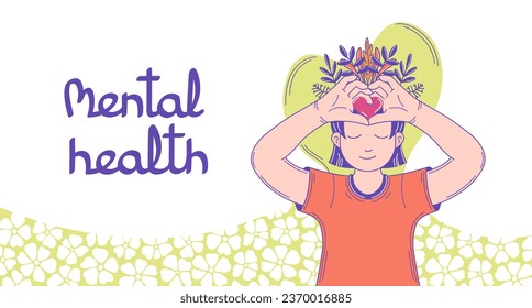 World Mental Health Day Vector Background. Happy women with heart and flowers. Mindfulness, positive thinking, self care idea. Flat vector illustrations.