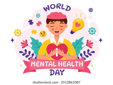 World Mental Health Day Vector Illustration on October 10 featuring Mental Health Awareness a Symbol with the Brain and Flowers in a Flat Background