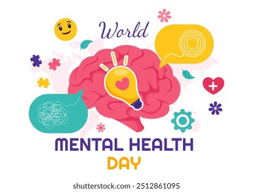 World Mental Health Day Vector Illustration on October 10 featuring Mental Health Awareness a Symbol with the Brain and Flowers in a Flat Background