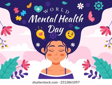 World Mental Health Day Vector Illustration on October 10 featuring Mental Health Awareness a Symbol with the Brain and Flowers in a Flat Background