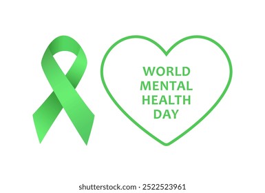 World Mental Health Day, vector Illustration for banner or poster. Green ribbon and text World Mental Health Day with heart shaped frame isolated on background.