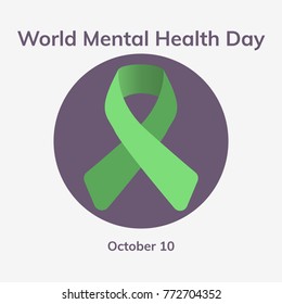 World Mental Health Day. Vector illustration with green ribbon, inscription and frame on a white background