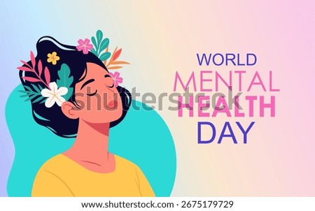 World Mental Health Day Vector Illustration on October 10 featuring Mental Health Awareness a Symbol with a beautiful woman closing her eyes and Flowers in a Flat Background
