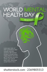 World Mental Health Day. Vertical banner with green ribbon, a woman's silhouette, and text. Vector flat illustration.