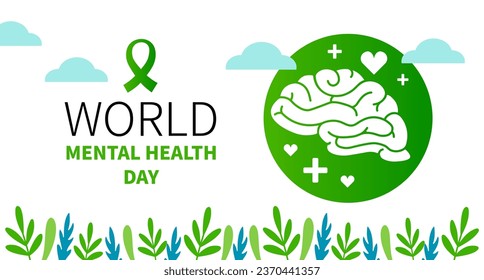 World mental health day web banner. Brain and flowers. Vector illustration. Suitable for Poster, Banners, campaign and greeting card. Mental health Background. Flat design.