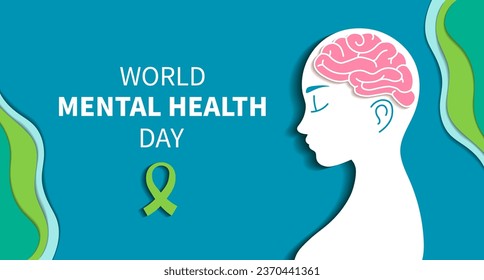 World mental health day web banner. Human head silhouette, healthy brain. Peace and harmony in consciousness and life concept. Vector Background. Paper cut style.