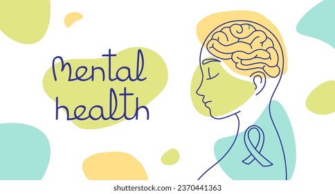 World mental health day web banner. Human head silhouette, healthy brain and abstract spots. Vector Background.