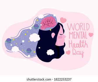 world mental health day, woman thinking space planet clouds fantasy vector illustration