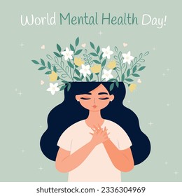 Día mundial de la salud mental, mujer con flores en la cabeza. 10 de octubre.  