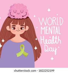 world mental health day, young woman with brain cartoon on head vector illustration