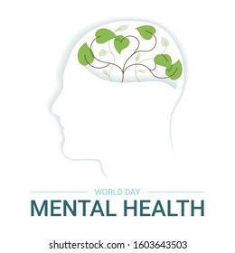 World Mental Health (October) concept of silhouette of a human head with leaves. Good mental and psychological well-being. Healthy young man on a white background feels good. Vector illustration.