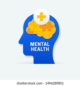 World mental health poster background design. Human head with missing jigsaw piece brain puzzle and medical symbol vector illustration for physiological healthcare concept