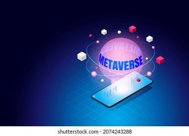 World metaverse on smartphone. limitless virtual reality technology for future digital devices. isometric vector illustration.