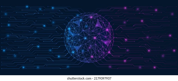 World of the metaverse. Printed circuit board connected to a polygonal sphere. Low-poly design of interconnected lines and dots.