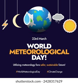 World Meteorological Day. 23 March World Meteorological day celebration banner with hanging weather icons, elements, stamps. Sun, rain, snow, lighting, moon hanging icons. 