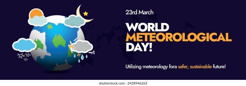 World meteorological Day. 23 March, World meteorological day celebration cover banner in dark colour with earth globe and different weather forecast icons around it. Icons of sunny, cloudy, rainy. 