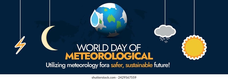 World Meteorological Day. 23 March World Meteorological day celebration cover banner with hanging weather icons, elements, stamps. Sun, rain, snow, lighting, moon hanging icons. Climate action
