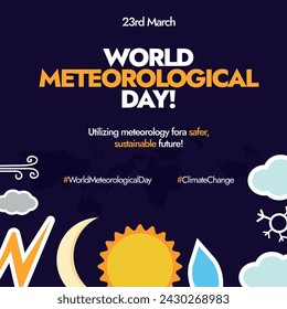 World Meteorological Day. 23 March, World Meteorological day celebration banner with weather forecast icons wind, rain, clouds, lighting, sun, snow. Meteorological day banner with hash tags. 