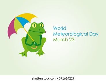 World Meteorological Day. Cartoon frog with umbrella. Vector illustration for World Meteorological Day. Festive card. Vector background with the weather